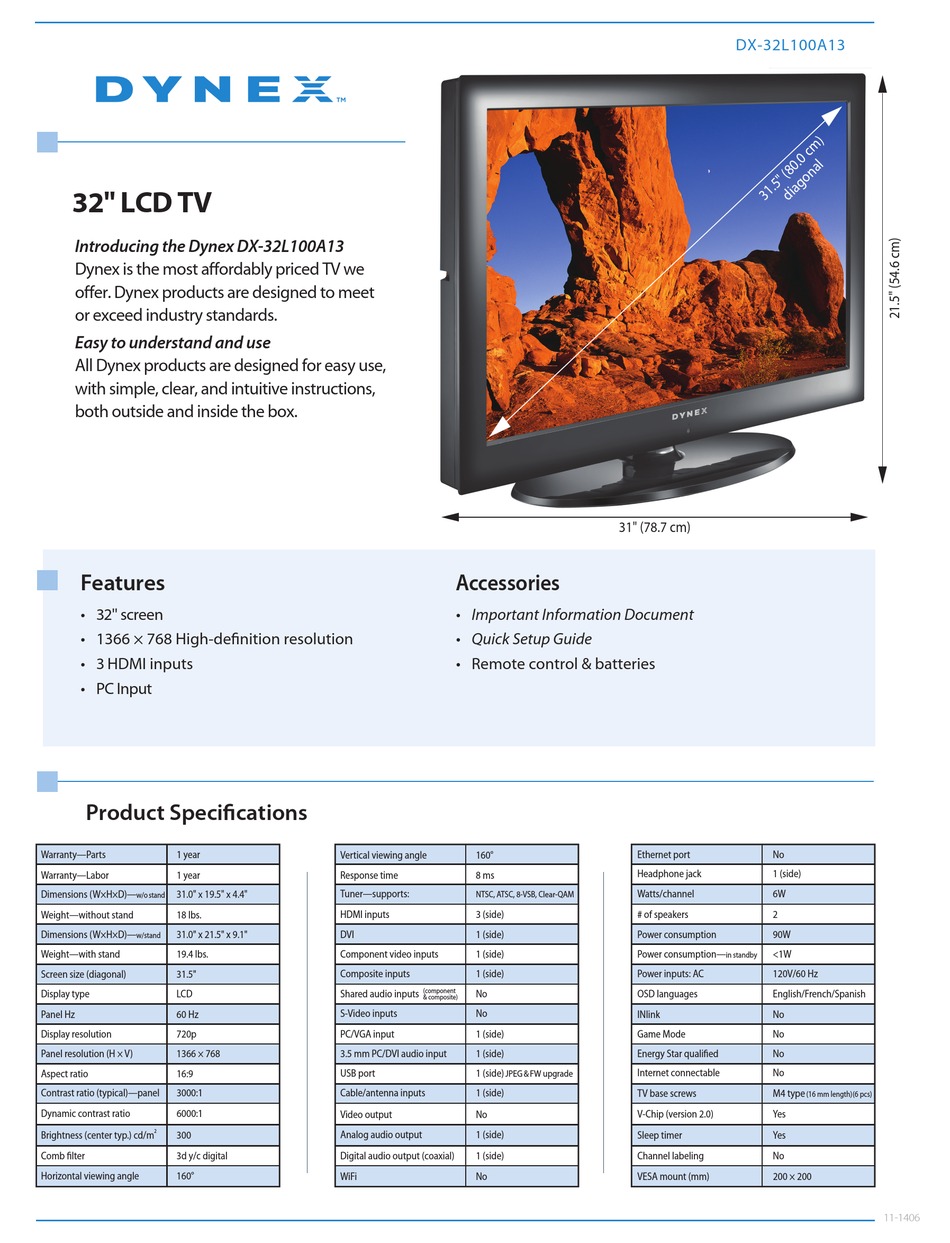 DYNEX DX-32L100A13 SPECIFICATIONS Pdf 