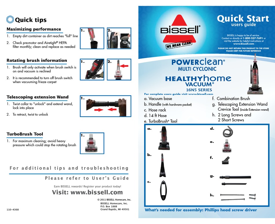 BISSELL POWERCLEAN MULTI CYCLONIC BAGLESS VACUUM QUICK START MANUAL Pdf
