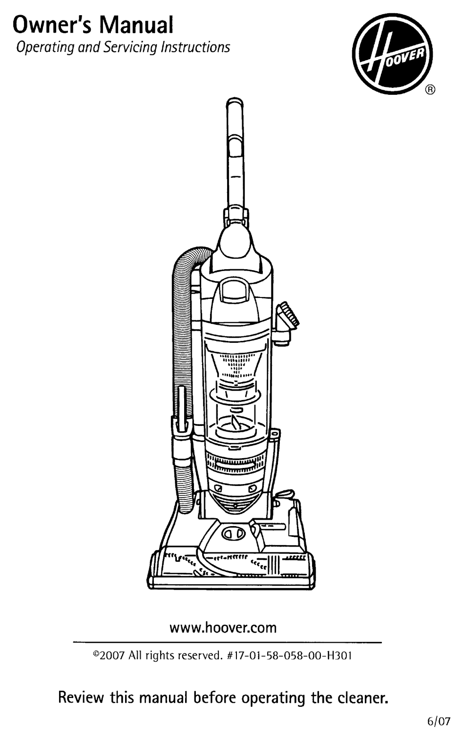 HOOVER UH70035B WINDTUNNEL CYCLONIC UPRIGHT VACUUM OWNER