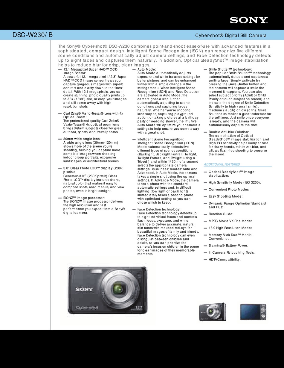 SONY DSCW230/B CYBERSHOT DIGITAL STILL CAMERA SPECIFICATIONS Pdf