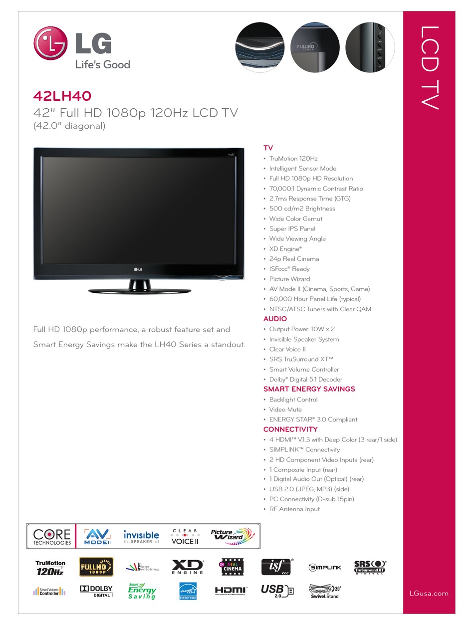 LG 42LH40 42" LCD TV SPECIFICATION Pdf Download ManualsLib