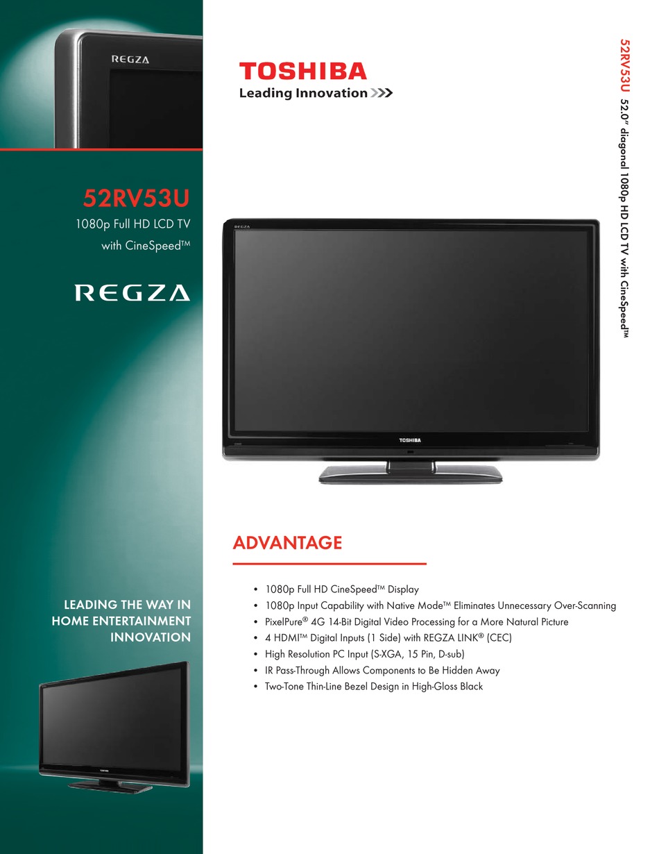 Toshiba 52rv53u 52 Hd Lcd 1080p Specification Pdf Download Manualslib