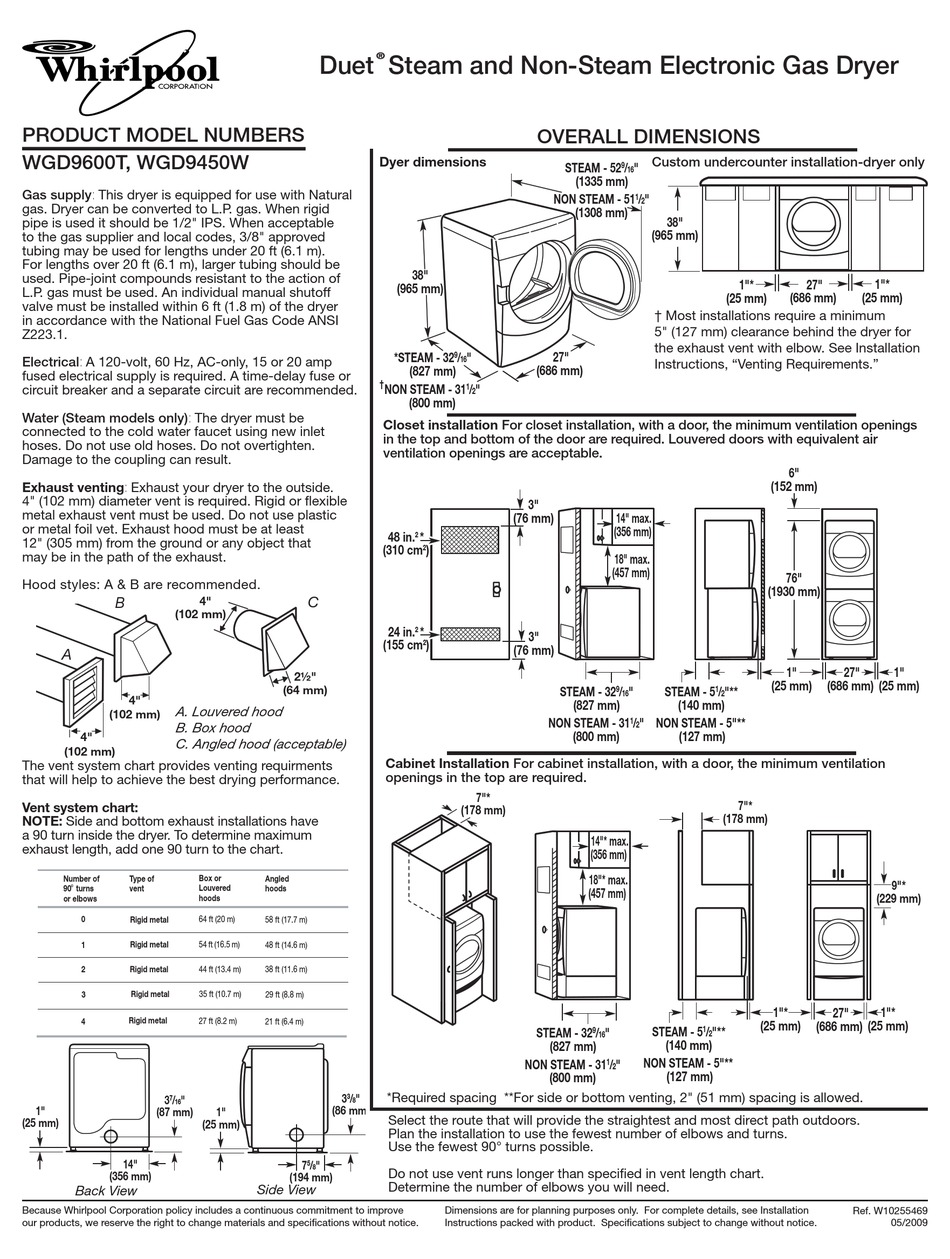 WHIRLPOOL WGD9450WW 27" GAS DRYER DIMENSIONS Pdf Download ManualsLib