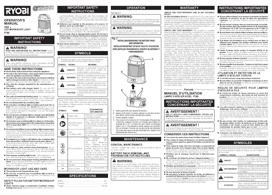 RYOBI P780 OPERATOR'S MANUAL Pdf Download | ManualsLib