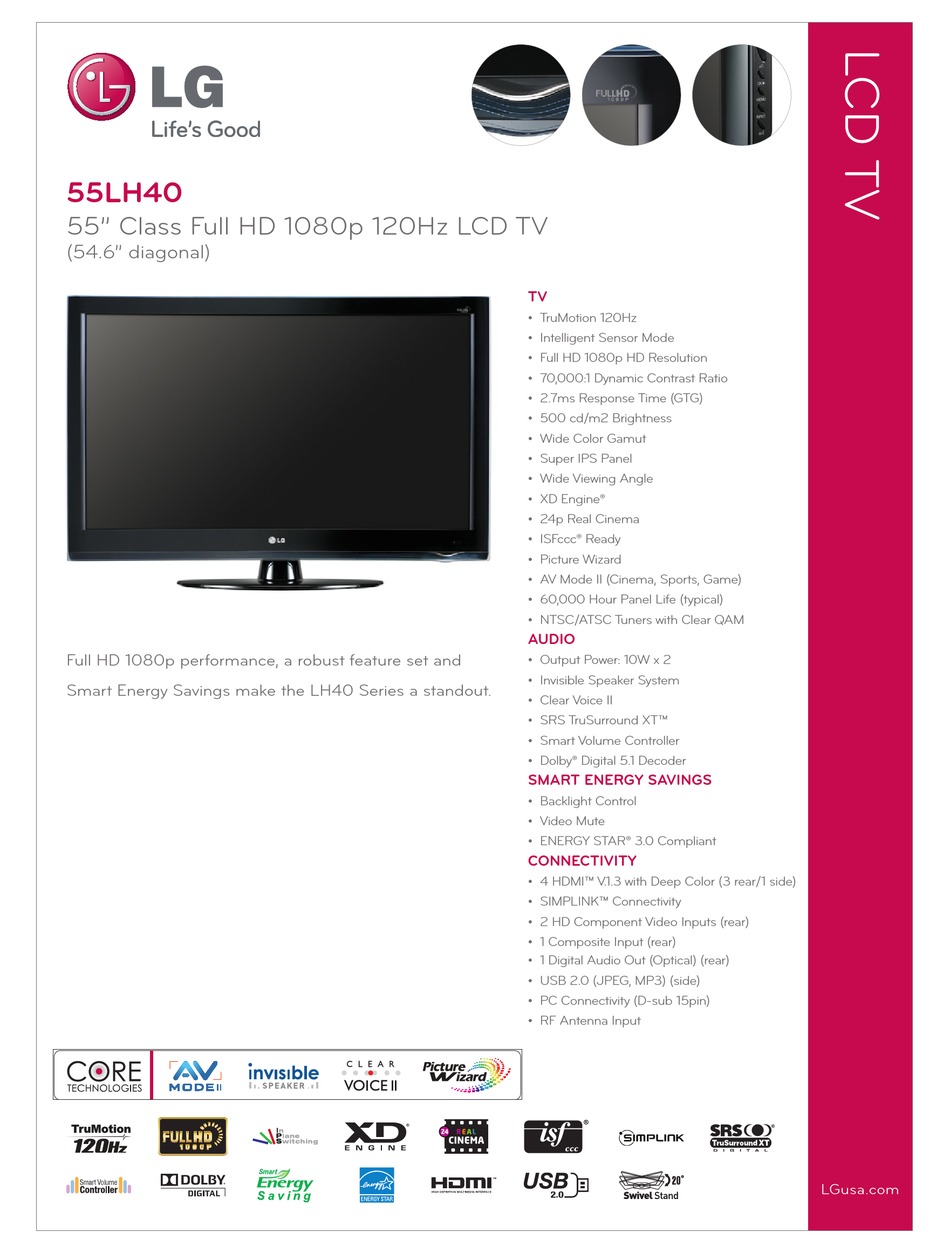 LG 55LH40 55" LCD TV SPECIFICATION Pdf Download ManualsLib