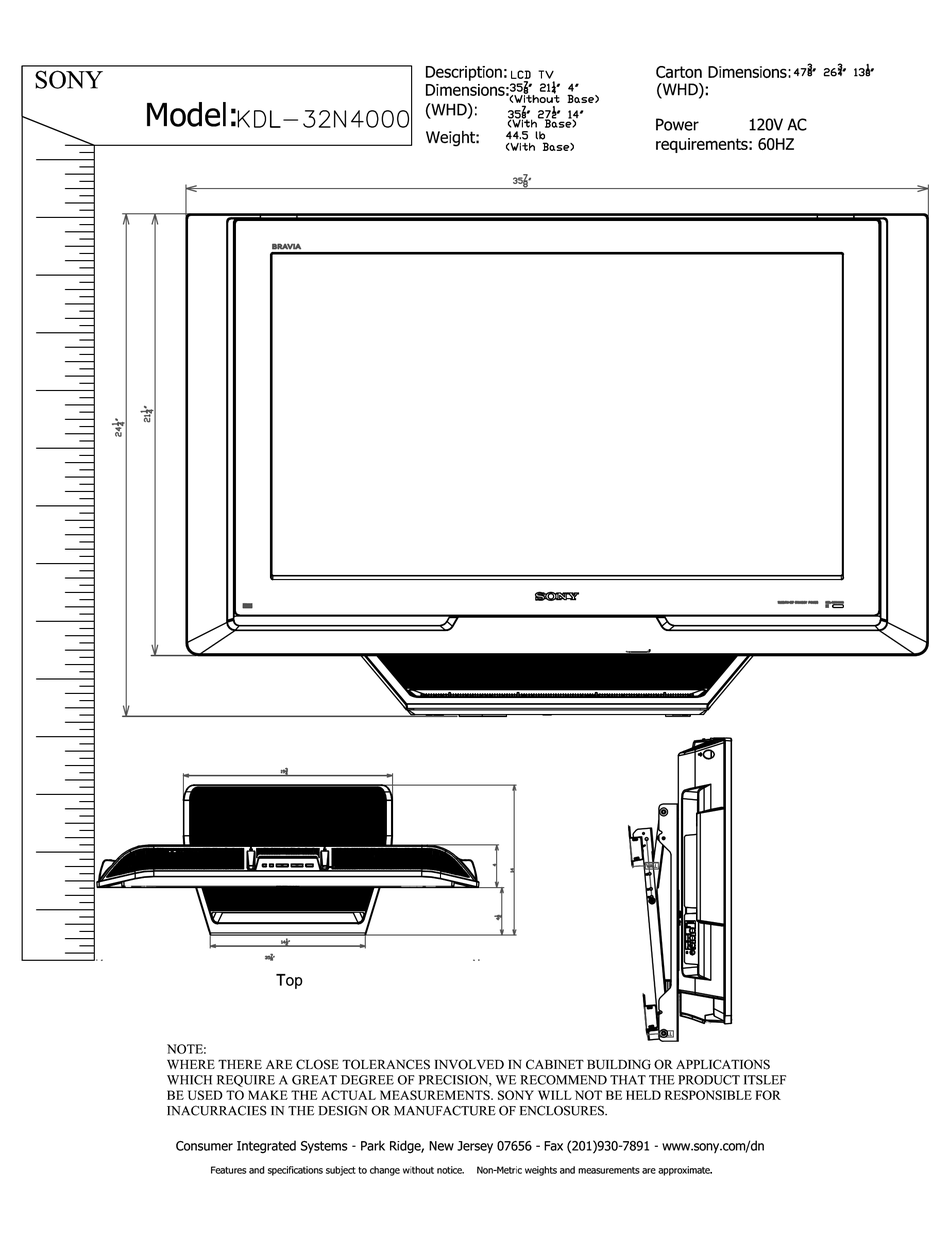 SONY KDL32N4000 32" CLASS BRAVIA N SERIES LCD TV DIMENSIONS Pdf
