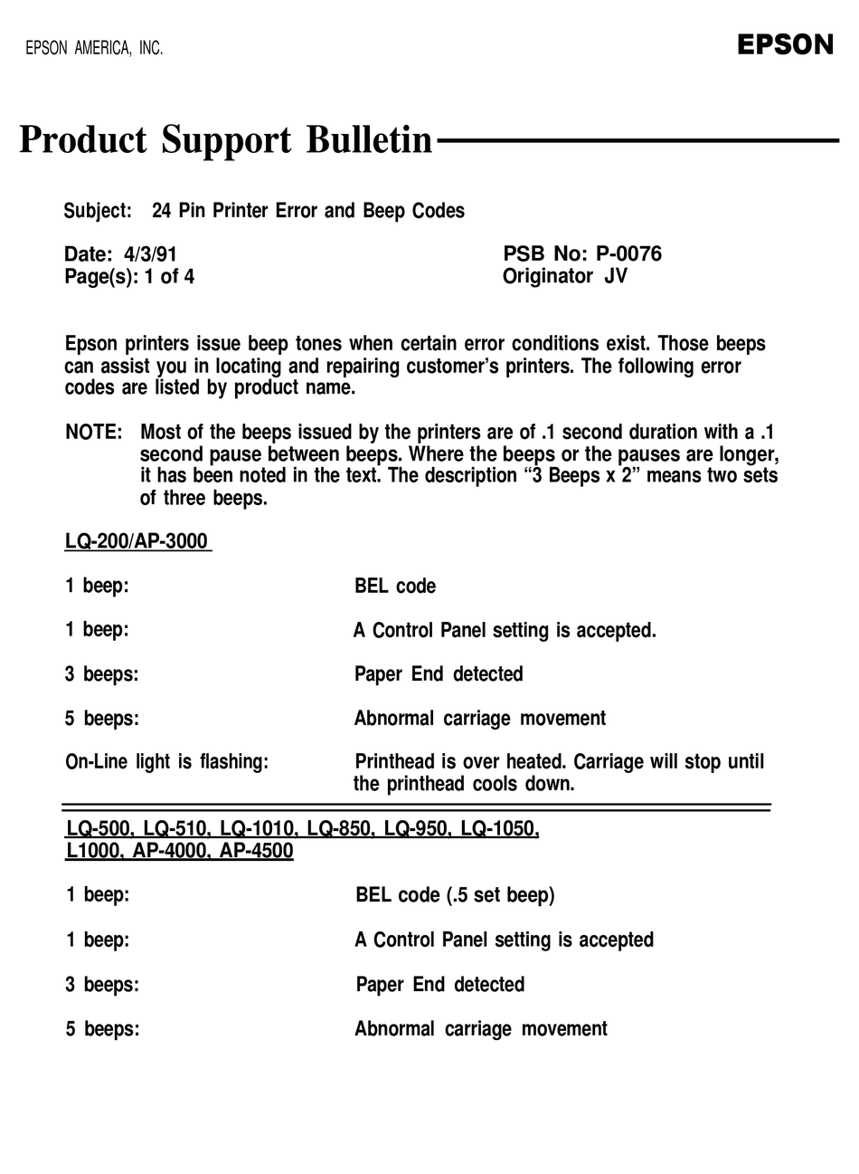 EPSON LQ1000 IMPACT PRINTER PRODUCT SUPPORT BULLETIN Pdf Download