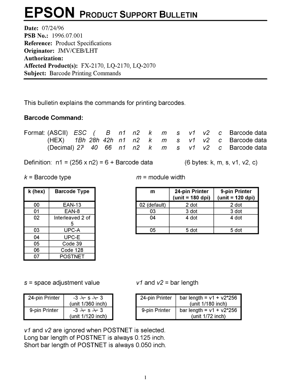 EPSON LQ2170 IMPACT PRINTER PRODUCT SUPPORT BULLETIN Pdf Download