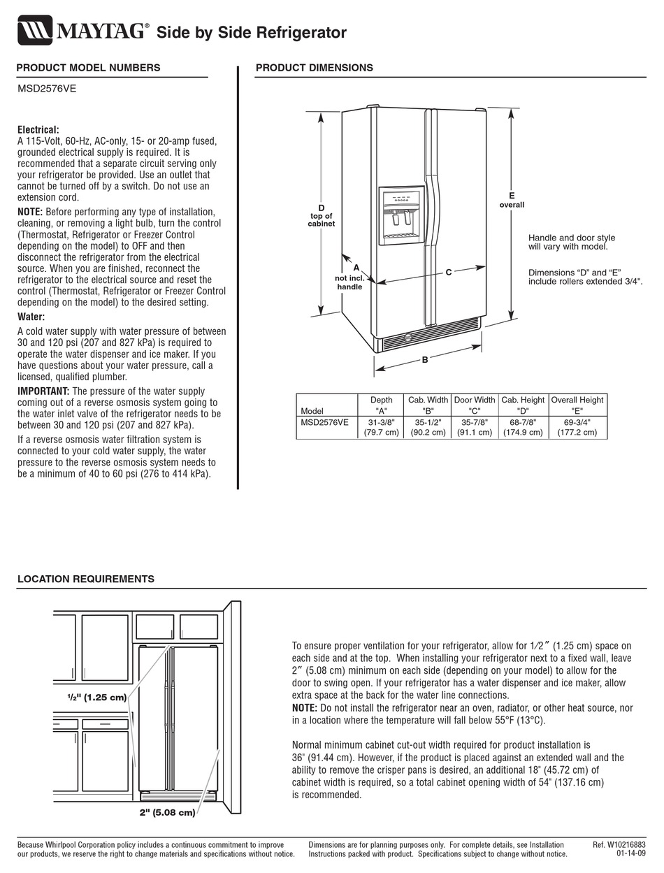 MAYTAG MSD2576VE PRODUCT DIMENSIONS Pdf Download ManualsLib