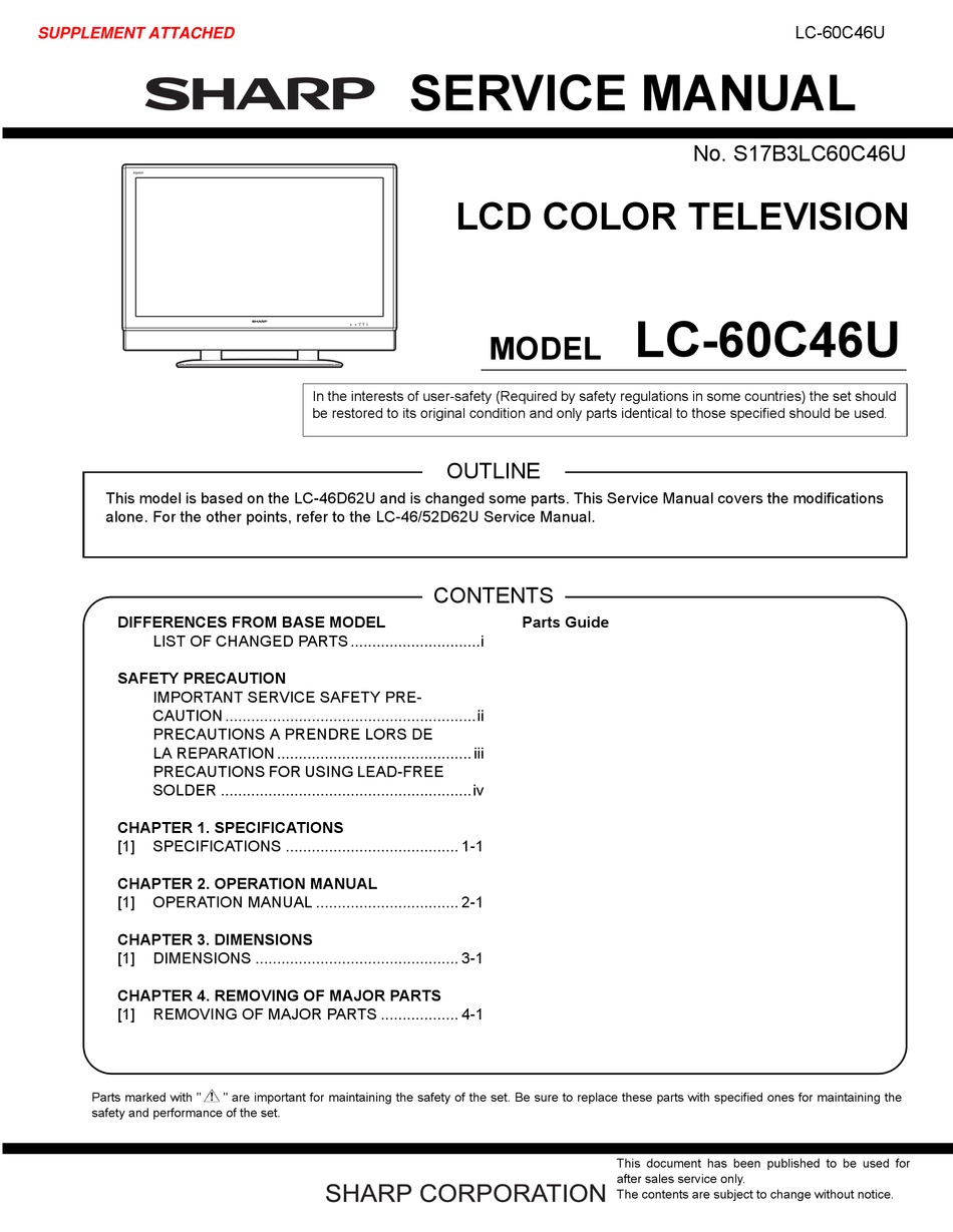 SHARP LC-60C46U SERVICE MANUAL Pdf Download | ManualsLib