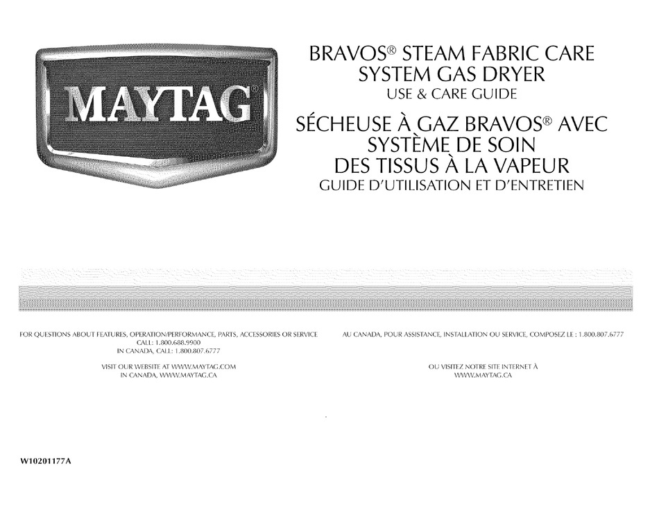 MAYTAG MGDB800VQ R BRAVOSR STEAM GAS DRYER USE AND CARE MANUAL Pdf