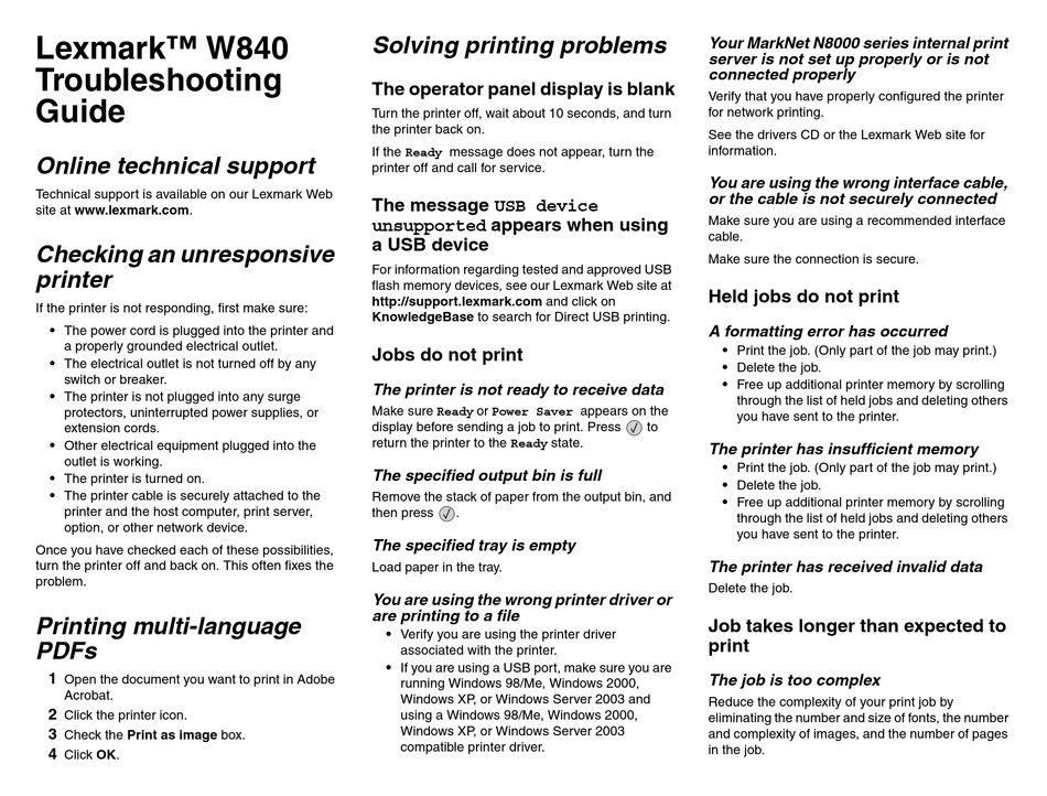 LEXMARK 840DN W B/W LASER PRINTER TROUBLESHOOTING MANUAL Pdf Download