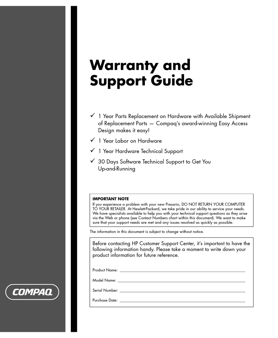 COMPAQ PRESARIO SR1400 - DESKTOP PC SUPPORT MANUAL Pdf Download