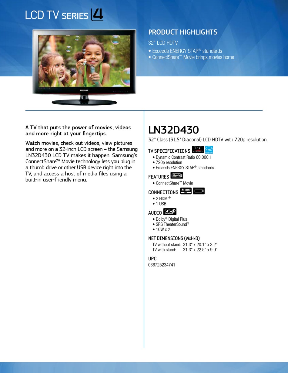 Samsung Ln32d430g3dxza Brochure Pdf Download Manualslib