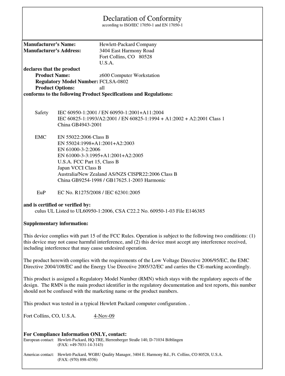 HP Z600 - WORKSTATION - 6 GB RAM DECLARATION OF CONFORMITY Pdf Download ...