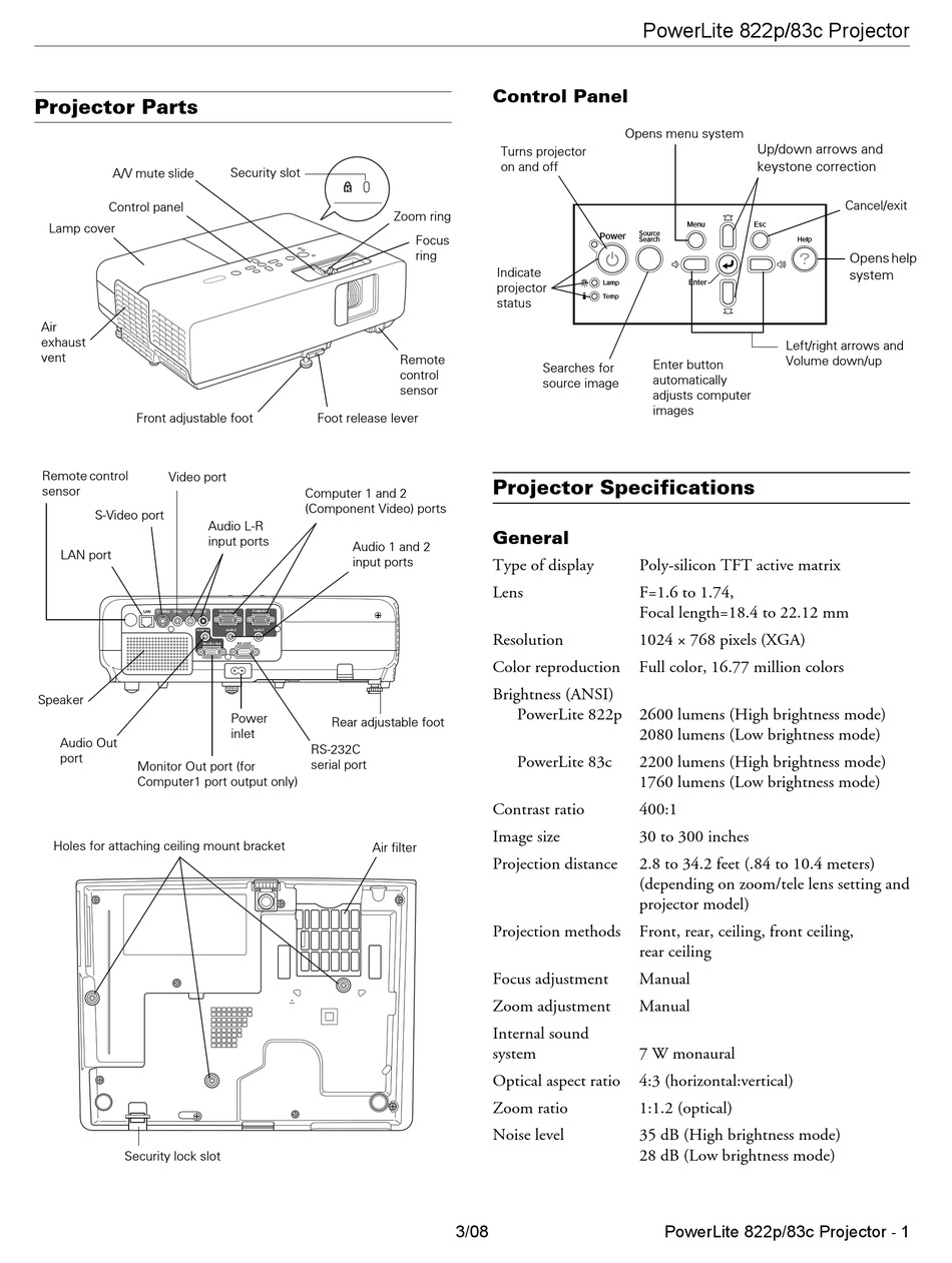 EPSON RBV11H255020N POWERLITE 83C LCD PROJECTOR PRODUCT INFORMATION MANUAL Pdf Download