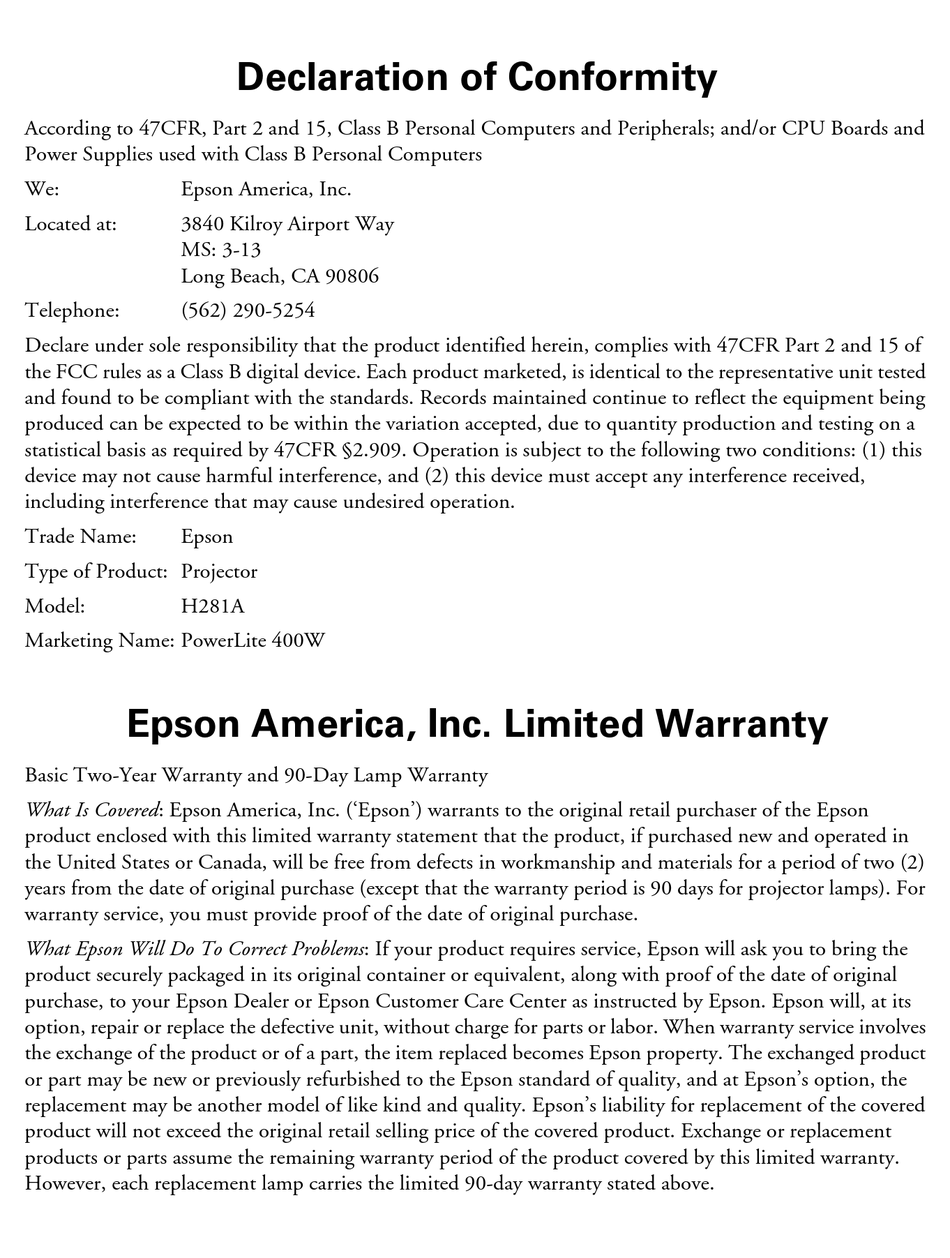 EPSON V11H281020 POWERLITE 400W WXGA LCD PROJECTOR DECLARATION OF
