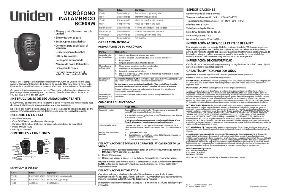 UNIDEN BC906W MANUAL DE USUARIO Pdf Download | ManualsLib