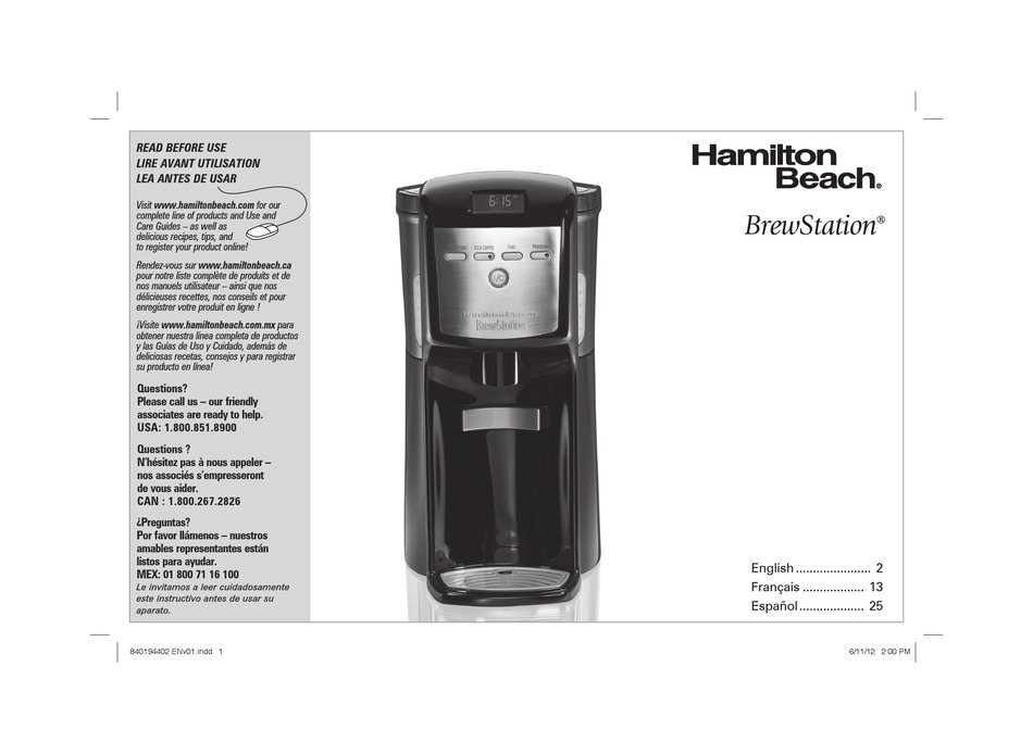 HAMILTON BEACH BREWSTATION 47701 USE & CARE MANUAL Pdf Download
