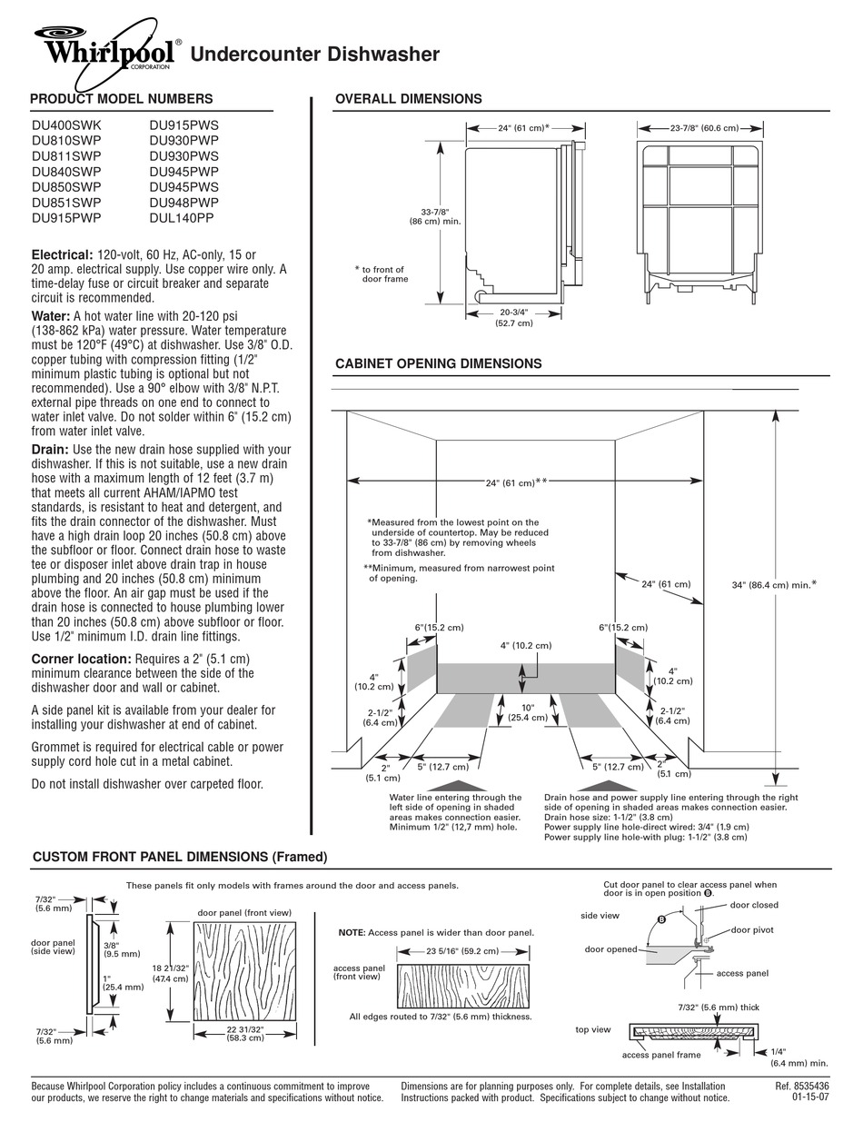 WHIRLPOOL DU930PWSS 24 INCH FULL CONSOLE DISHWASHER DIMENSIONS Pdf