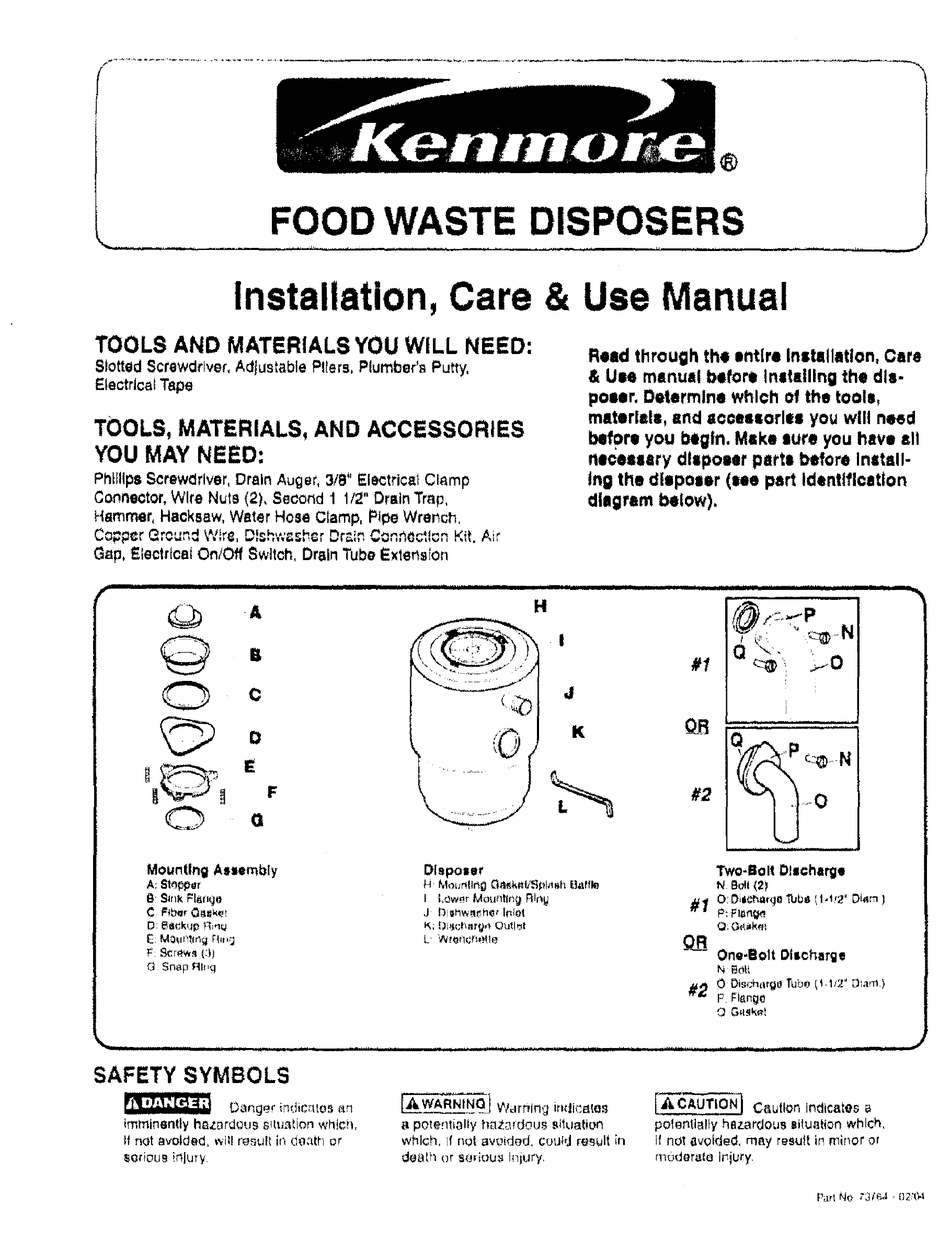 Kenmore 3 4 Hp Food Waste Disposer Installation And Use Manual Pdf Download Manualslib