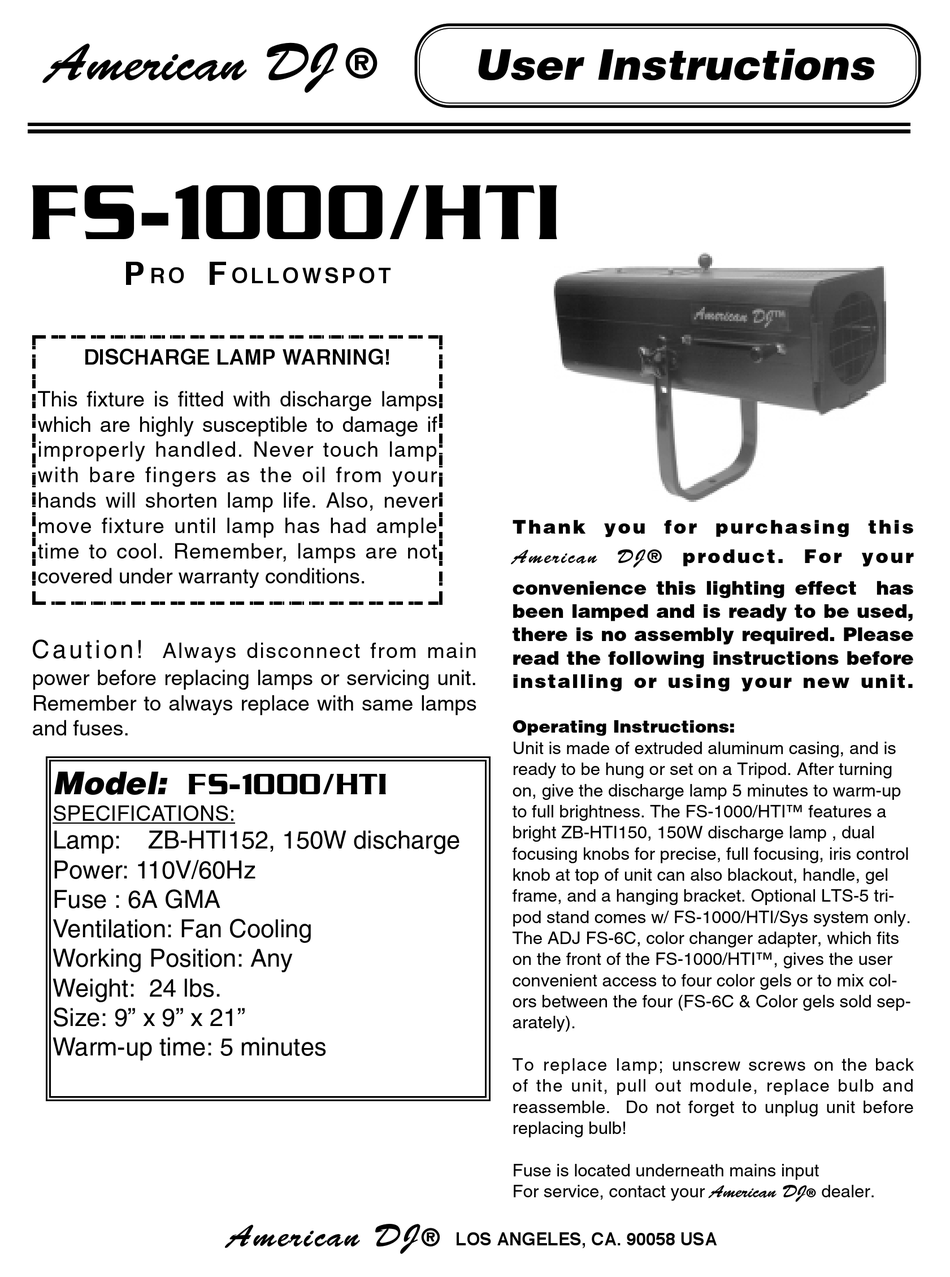 AMERICAN DJ FS-1000/HTI USER INSTRUCTIONS Pdf Download | ManualsLib