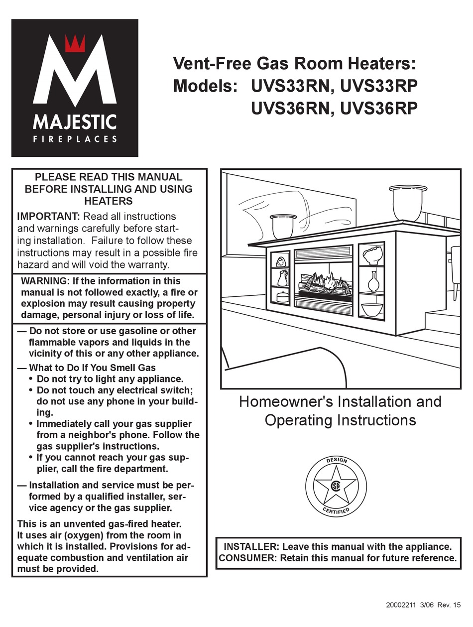 MAJESTIC FIREPLACES UVS33RN OPERATING INSTRUCTIONS MANUAL Pdf Download
