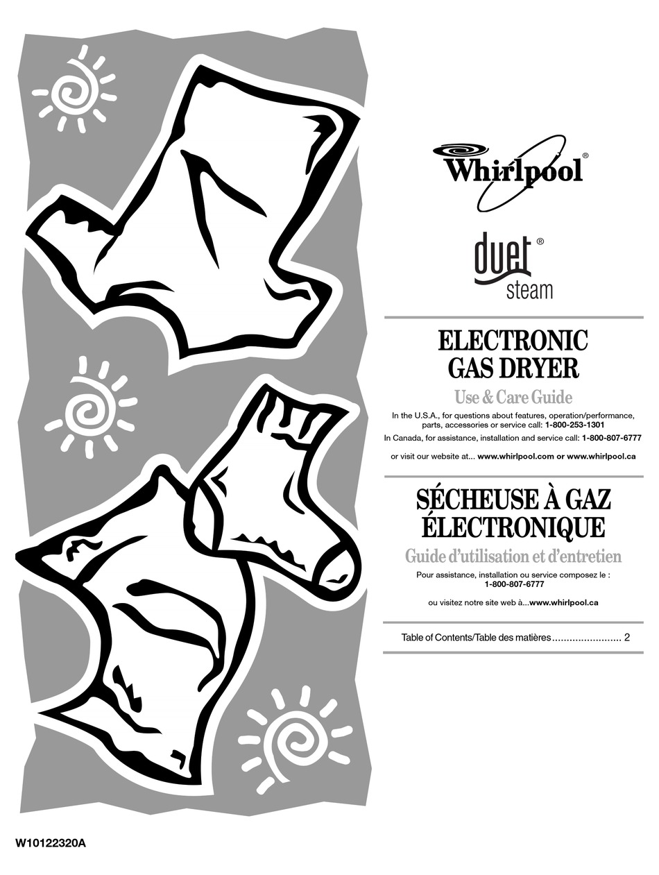 WHIRLPOOL WGD9500TC DUET FRONT LOAD STEAM DRYERS USE AND CARE MANUAL