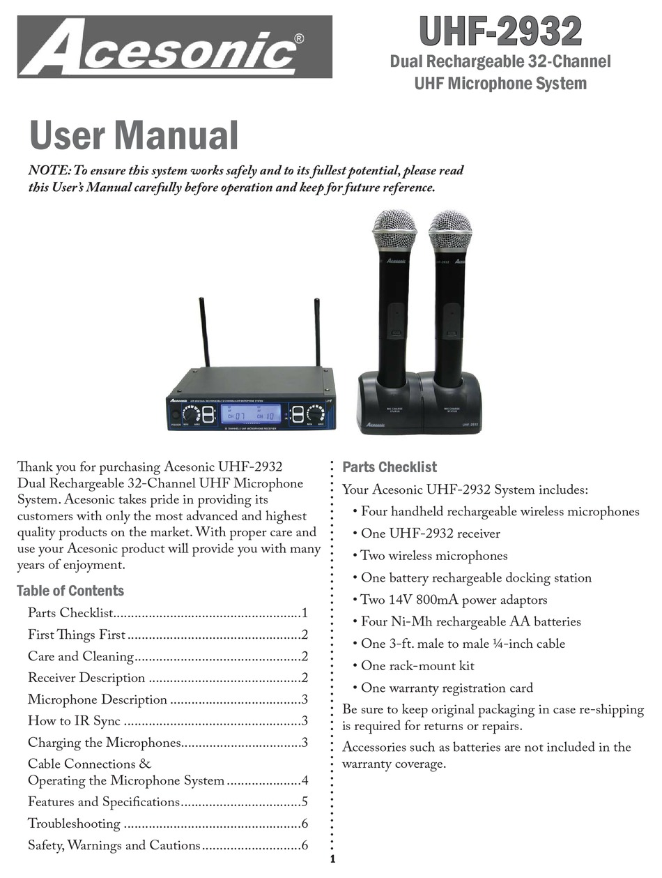 ACESONIC UHF 2932 USER MANUAL Pdf Download ManualsLib