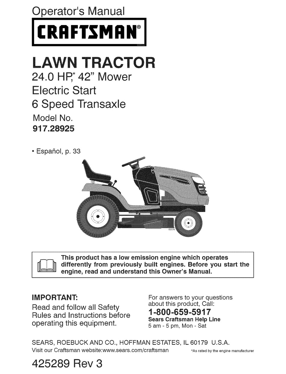 CRAFTSMAN 28925 - YT 4000 24 HP/42" YARD TRACTOR OPERATION MANUAL Pdf