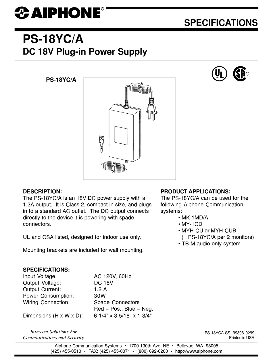 AIPHONE PS-18YC/A SPECIFICATION Pdf Download | ManualsLib
