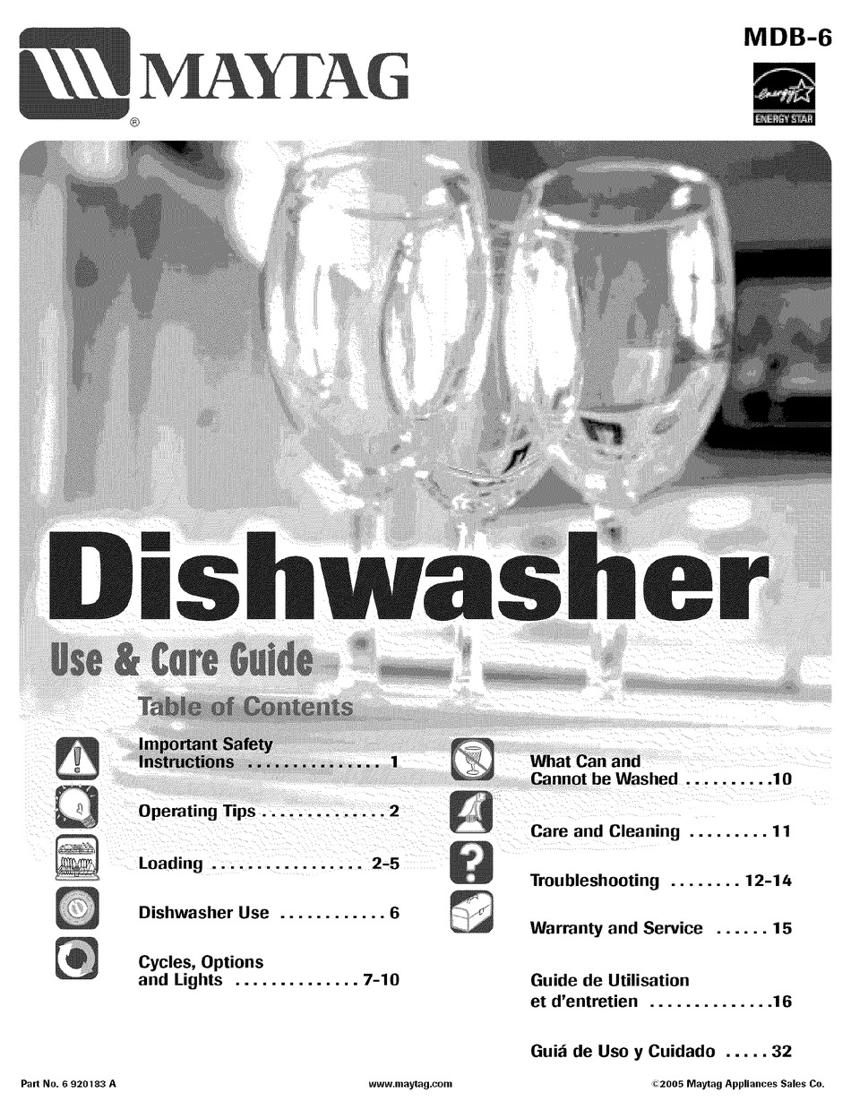 MAYTAG MDB9601AWB JETCLEAN II UNDERCOUNTER DISHWASHER USE AND CARE