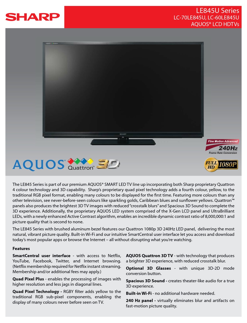 SHARP AQUOS LC-70LE845U BROCHURE Pdf Download | ManualsLib