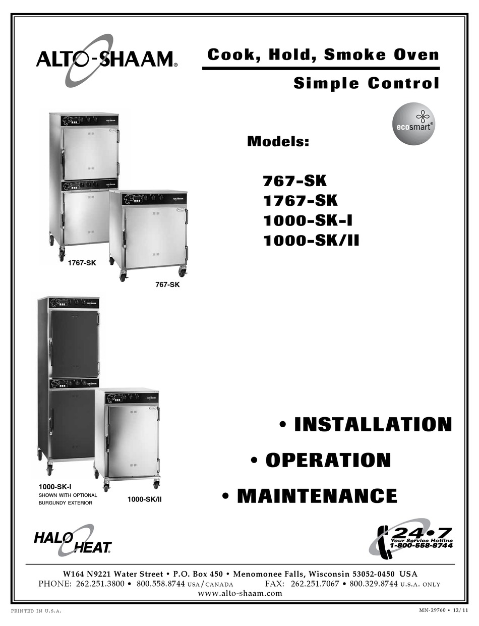 ALTO-SHAAM 767-SK INSTALLATION, OPERATION AND MAINTENANCE MANUAL Pdf