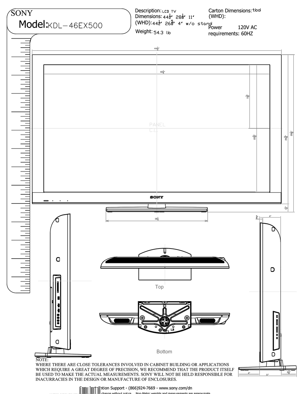 SONY KDL-46EX500 - BRAVIA EX SERIES LCD TELEVISION DIMENSIONS Pdf ...