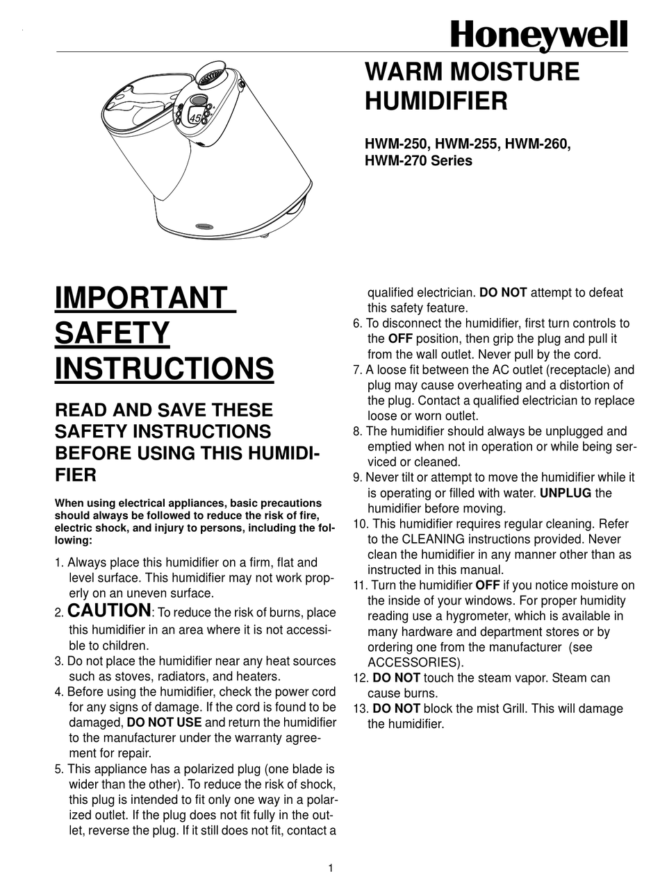 HONEYWELL HWM-255 SERIES IMPORTANT SAFETY INSTRUCTIONS MANUAL Pdf ...