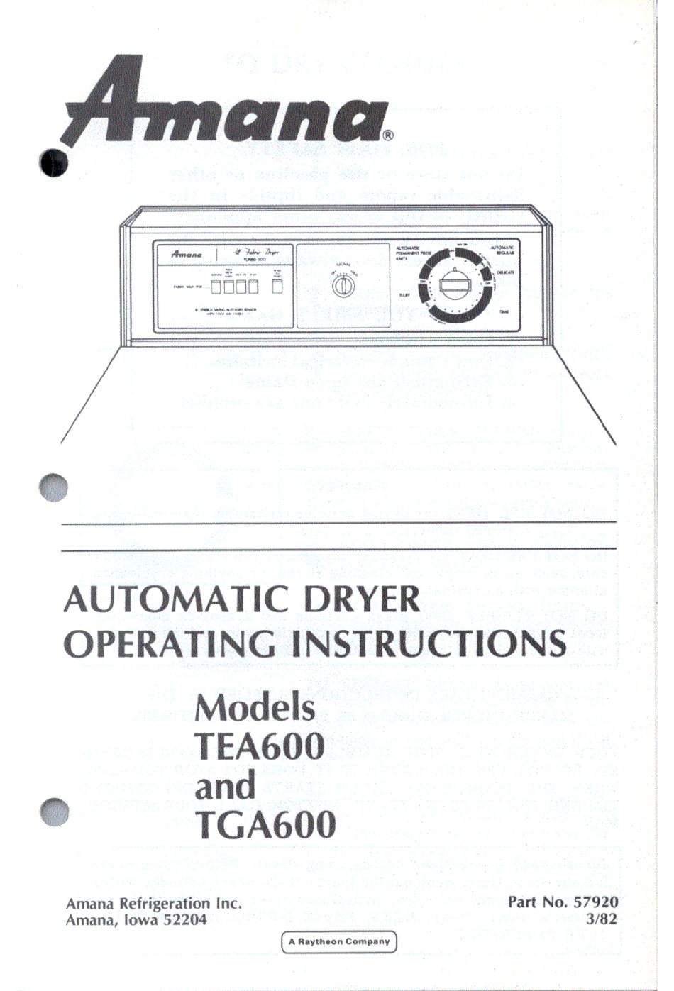 AMANA TEA600 OPERATING INSTRUCTIONS MANUAL Pdf Download ManualsLib