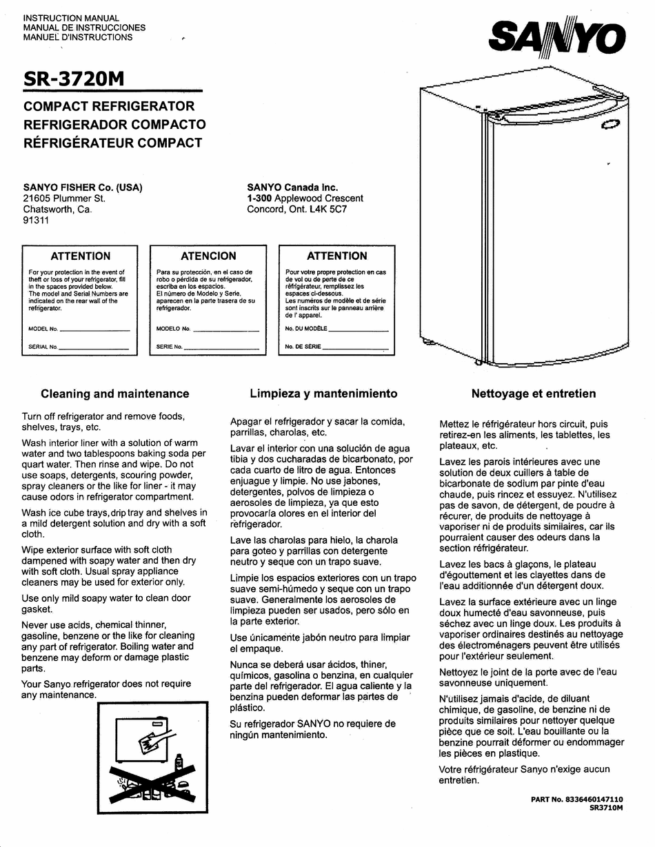 SANYO SR3720M COUNTERHIGH REFRIGERATOR INSTRUCTION MANUAL Pdf