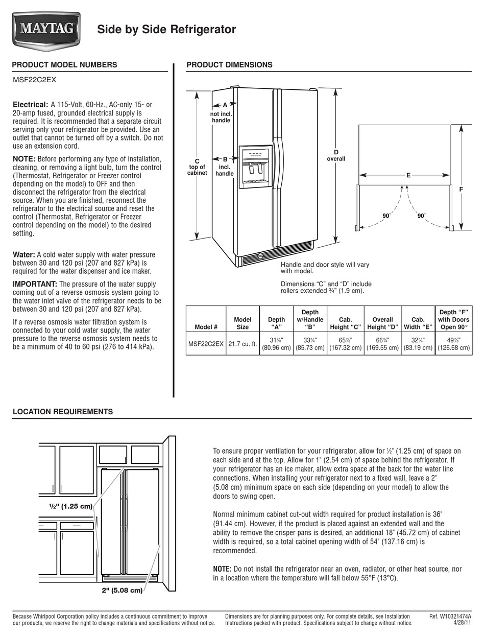 MAYTAG MSF22C2EXB PRODUCT DIMENSIONS Pdf Download | ManualsLib