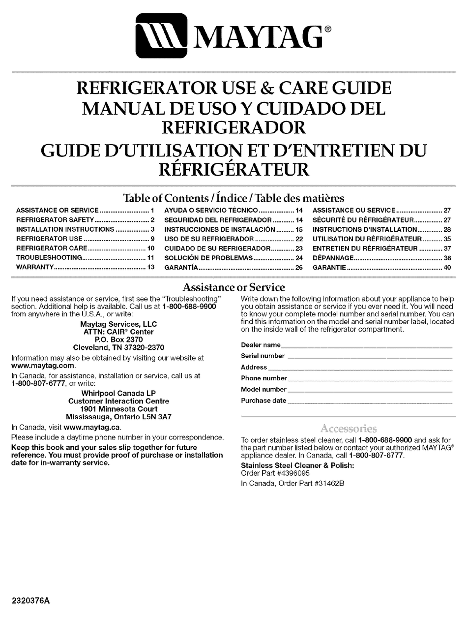 MAYTAG MTB2254ME 22 CU. FT. REFRIGERATOR USE AND CARE MANUAL Pdf Download ManualsLib