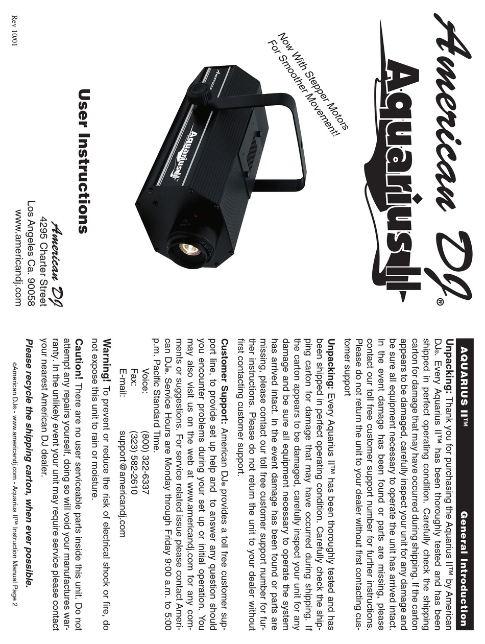 AMERICAN DJ AQUARIUS II USER INSTRUCTIONS Pdf Download ManualsLib