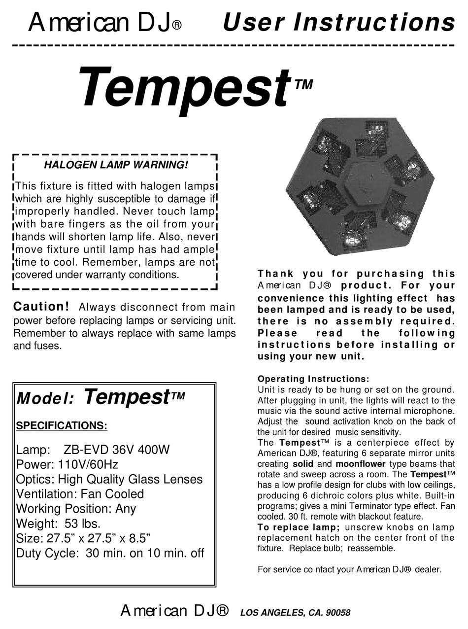AMERICAN DJ TEMPEST USER INSTRUCTIONS Pdf Download ManualsLib
