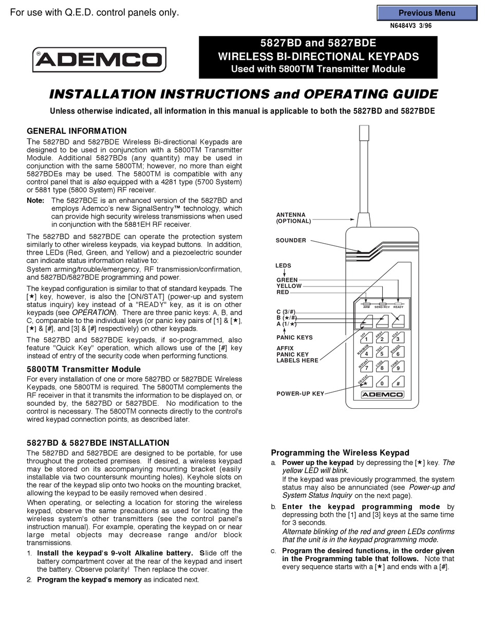 ADEMCO 6128 INSTALLATION INSTRUCTIONS AND OPERATING MANUAL Pdf Download