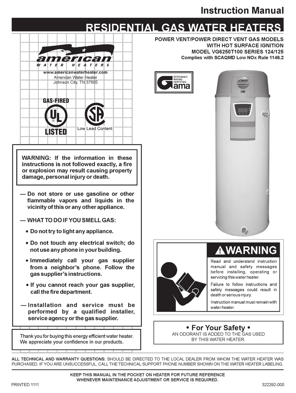 AMERICAN WATER HEATER VG6250T100 INSTRUCTION MANUAL Pdf Download