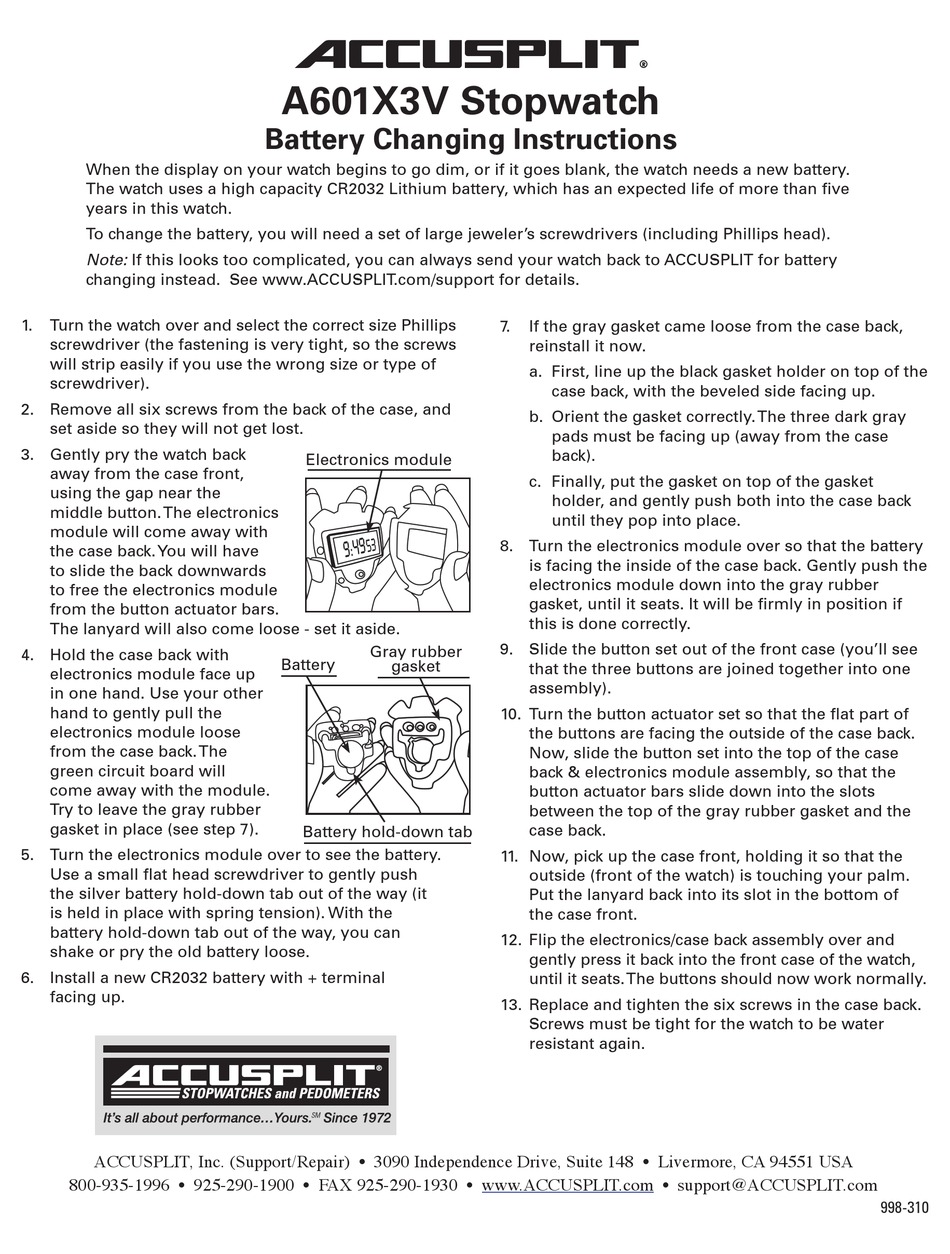 ACCUSPLIT A601X3V BATTERY CHANGING INSTRUCTIONS Pdf Download | ManualsLib