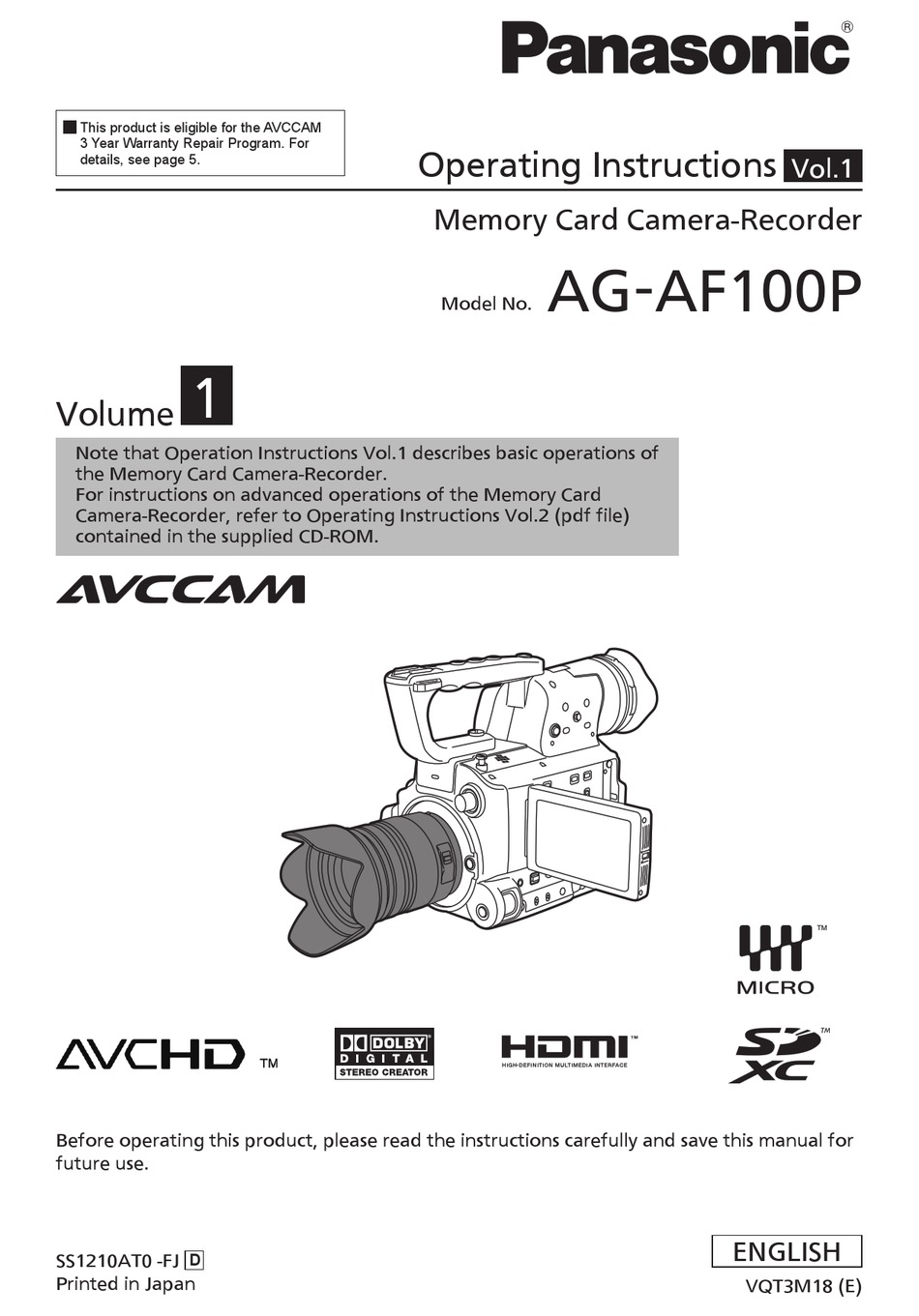 PANASONIC AG-AF100A OPERATING INSTRUCTIONS MANUAL Pdf Download | ManualsLib