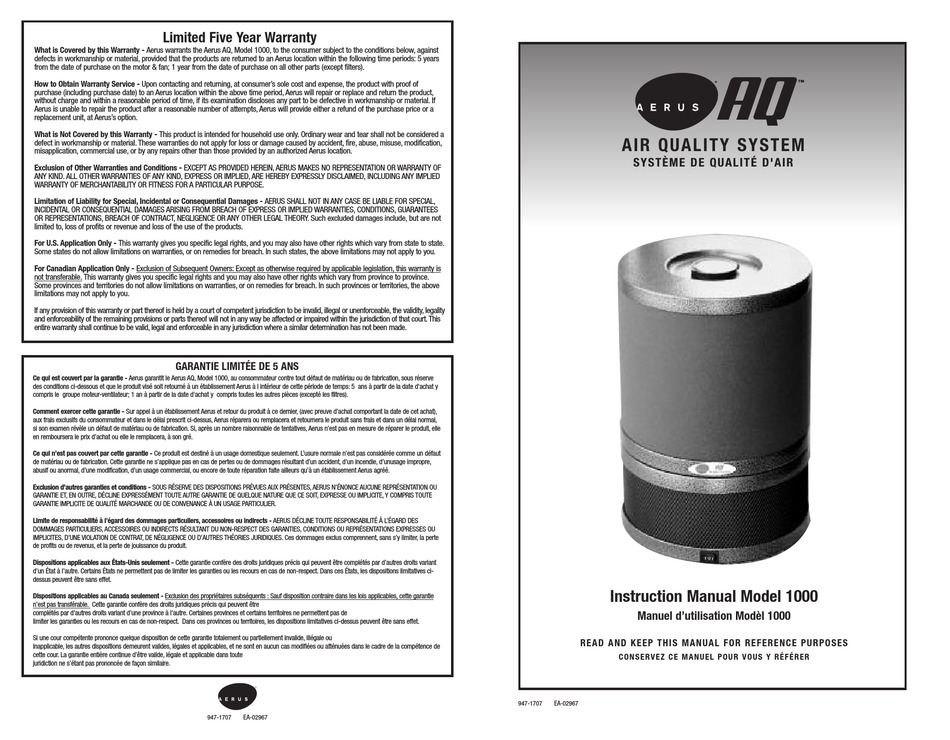 AERUS AQ 1000 INSTRUCTION MANUAL Pdf Download | ManualsLib