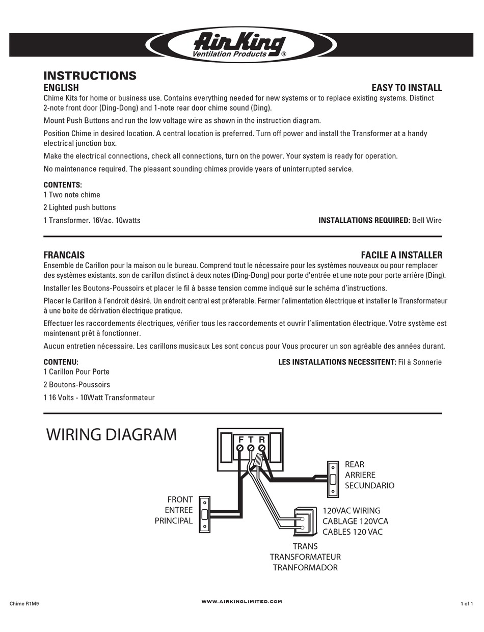 AIR KING CHIME KITS INSTRUCTIONS Pdf Download | ManualsLib