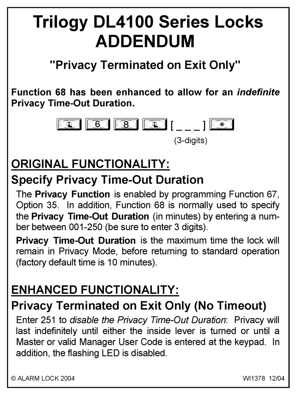 ALARM LOCK TRILOGY DL4100 SERIES ADDENDUM Pdf Download ManualsLib