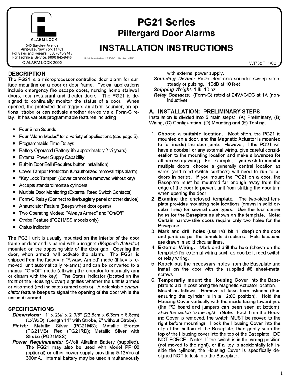 ALARM LOCK PG21 SERIES INSTALLATION INSTRUCTIONS MANUAL Pdf Download
